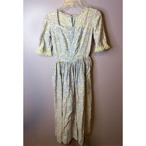 Vintage Handmade Floral Brocade Dress Lace Trim Cottagecore Prairie 60s 70s XS